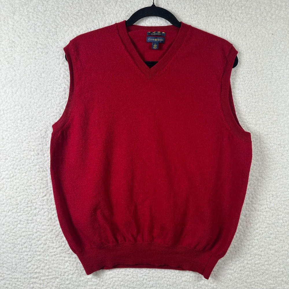 Club Room Sweater Vest Mens L Estate Merino Wool V-Neck Pullover Red Preppy